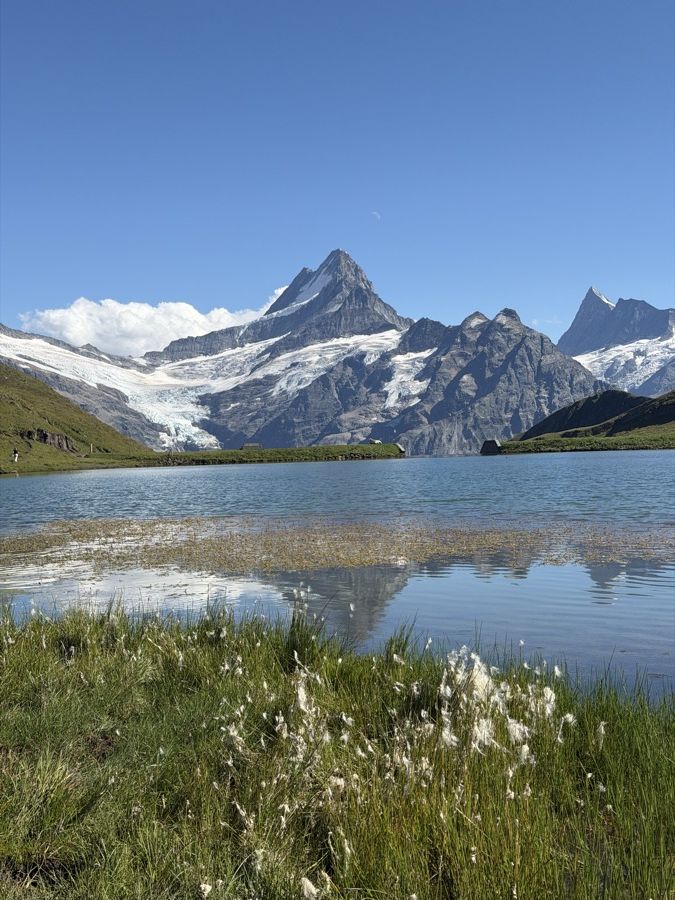 Snowy peaks reflected in a still alpine lake