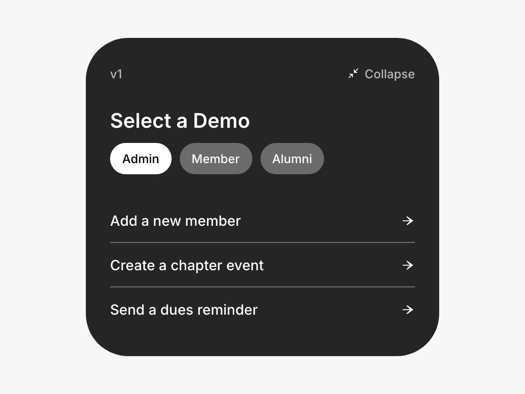 Admin tasks: add a new member, create a chapter event, send a dues reminder