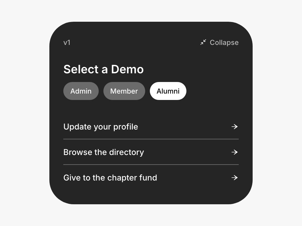 Alumni tasks: update your profile, browse the directory, give to the chapter fund