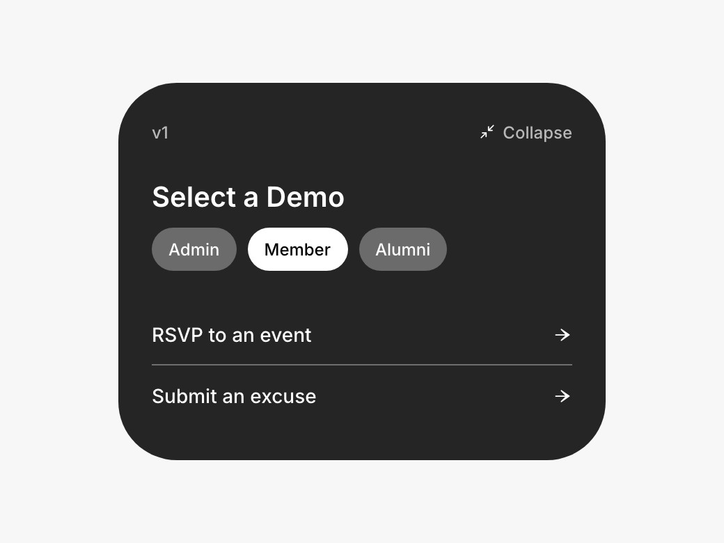 Member tasks: RSVP to an event, submit an excuse