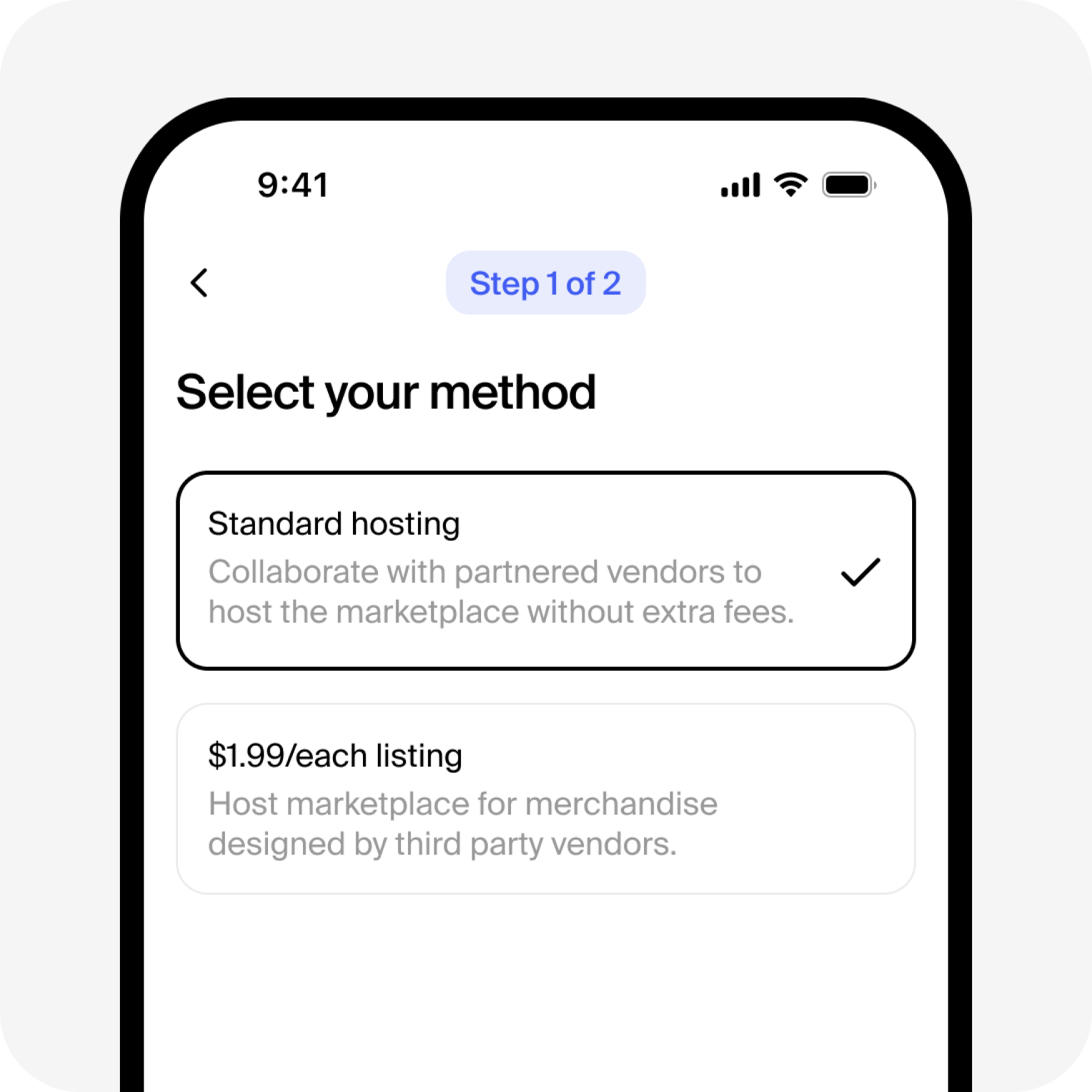 Marketplace hosting method selection, step 1 of 2