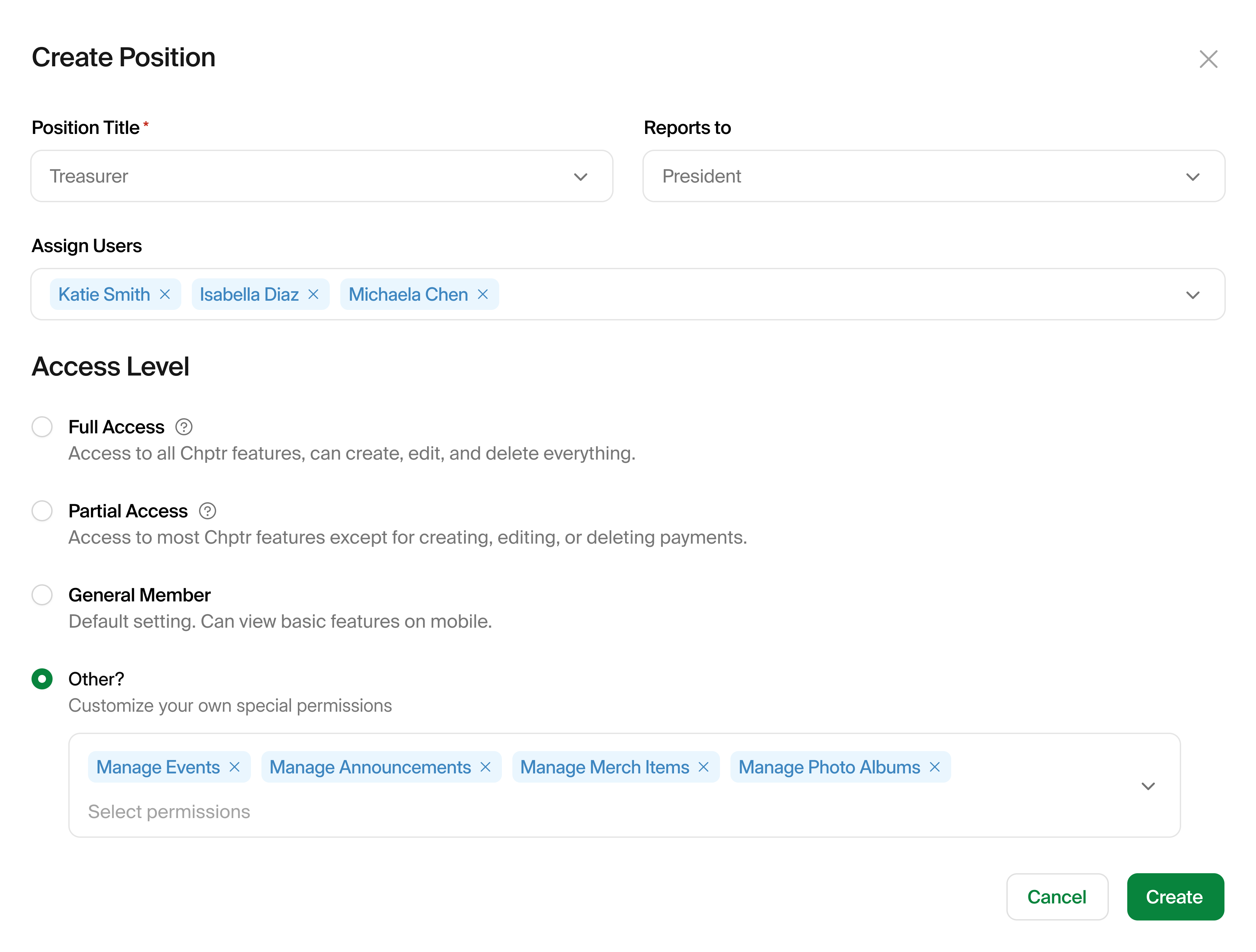 Create position modal