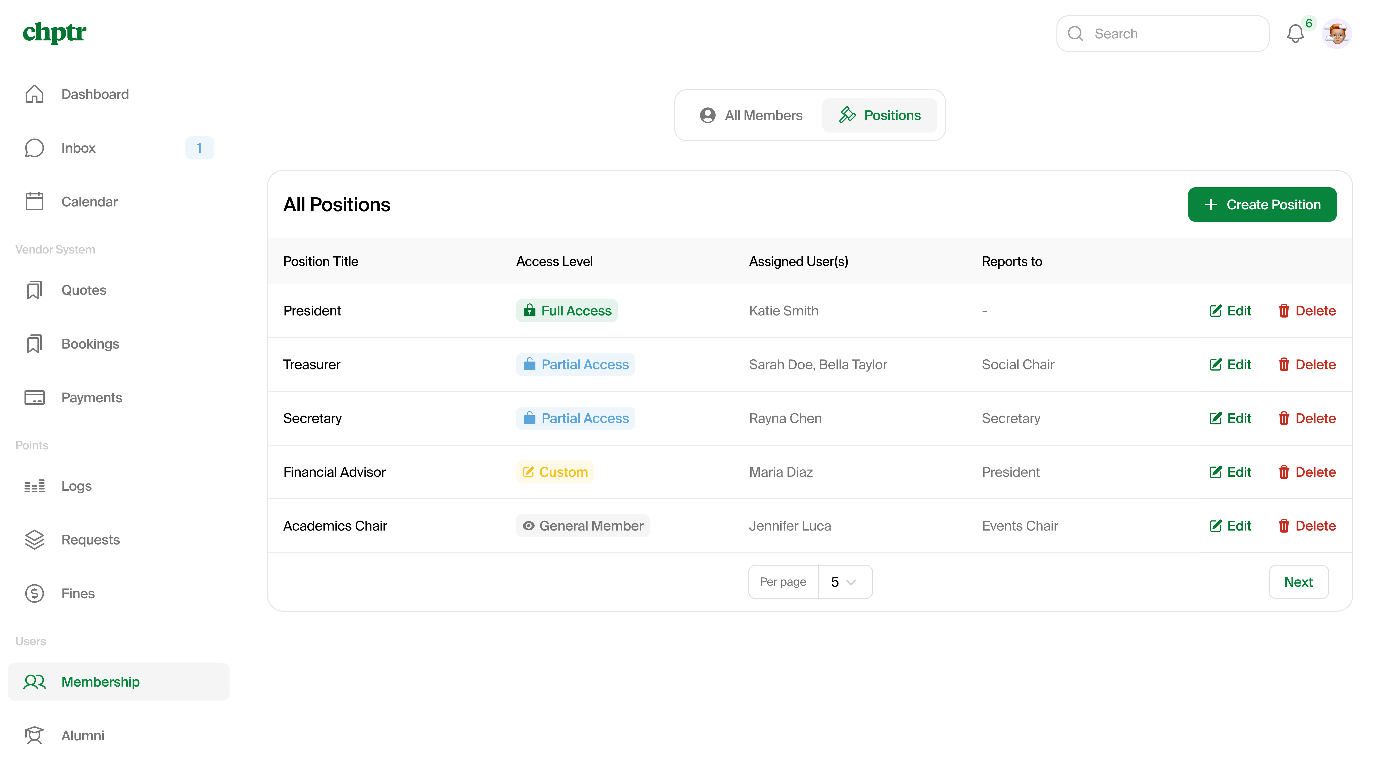 Positions tab