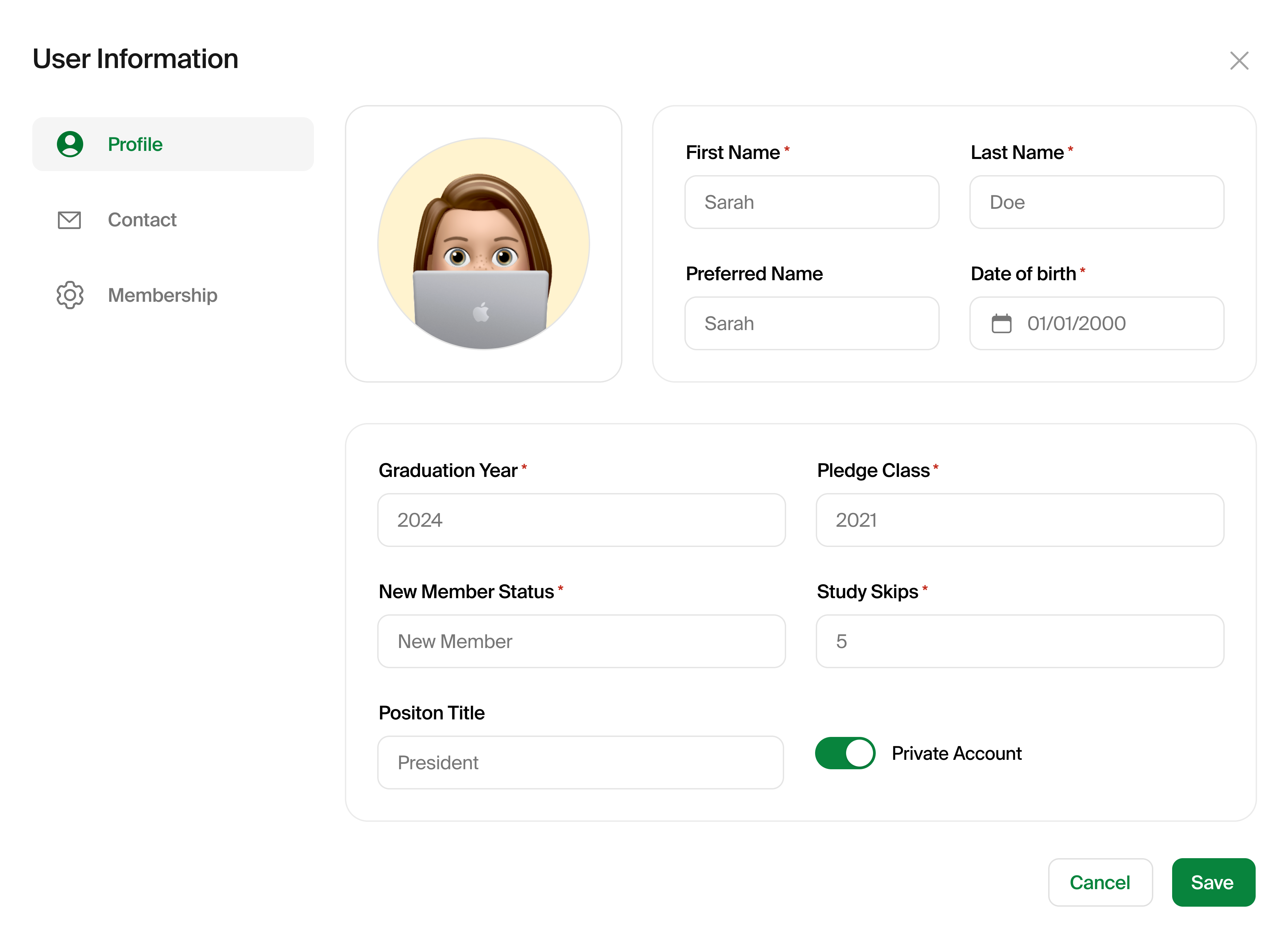 User profile modal