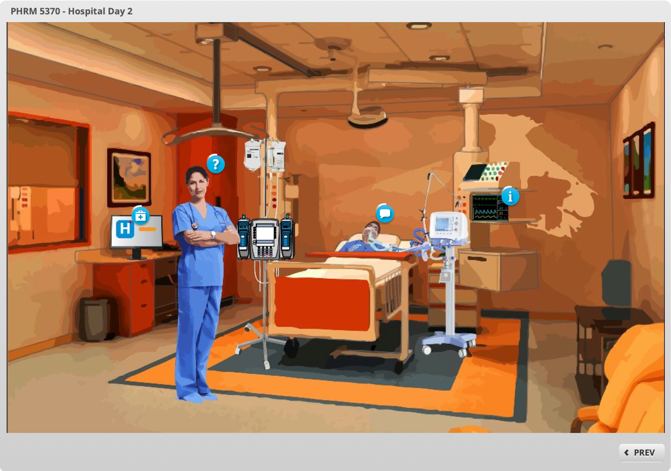 The legacy 2D module: a static hospital-room illustration with clickable hotspots for equipment and the nurse.