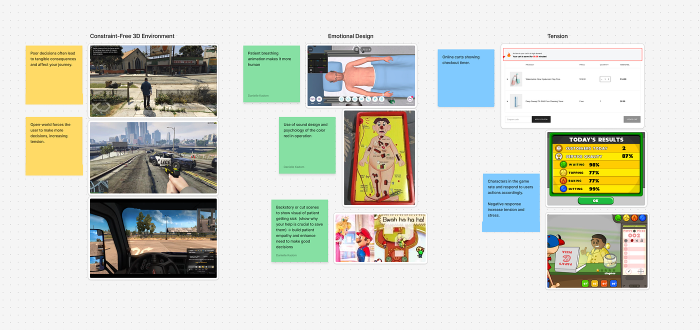 A moodboard of three value propositions: constraint-free 3D environment, emotional design, and tension, each with reference screenshots and sticky-note rationale.