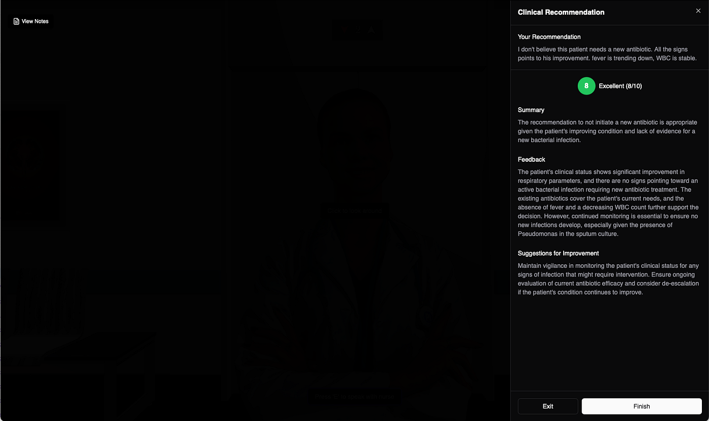 Clinical Recommendation feedback panel: the player's recommendation is scored 8 out of 10 (Excellent) with a written summary, feedback, and suggestions for improvement.