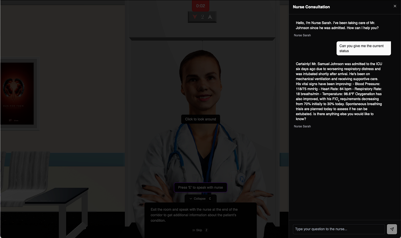 Nurse Consultation chat panel: the player asks the AI-powered nurse for the patient's current status and receives a detailed clinical update in real time.