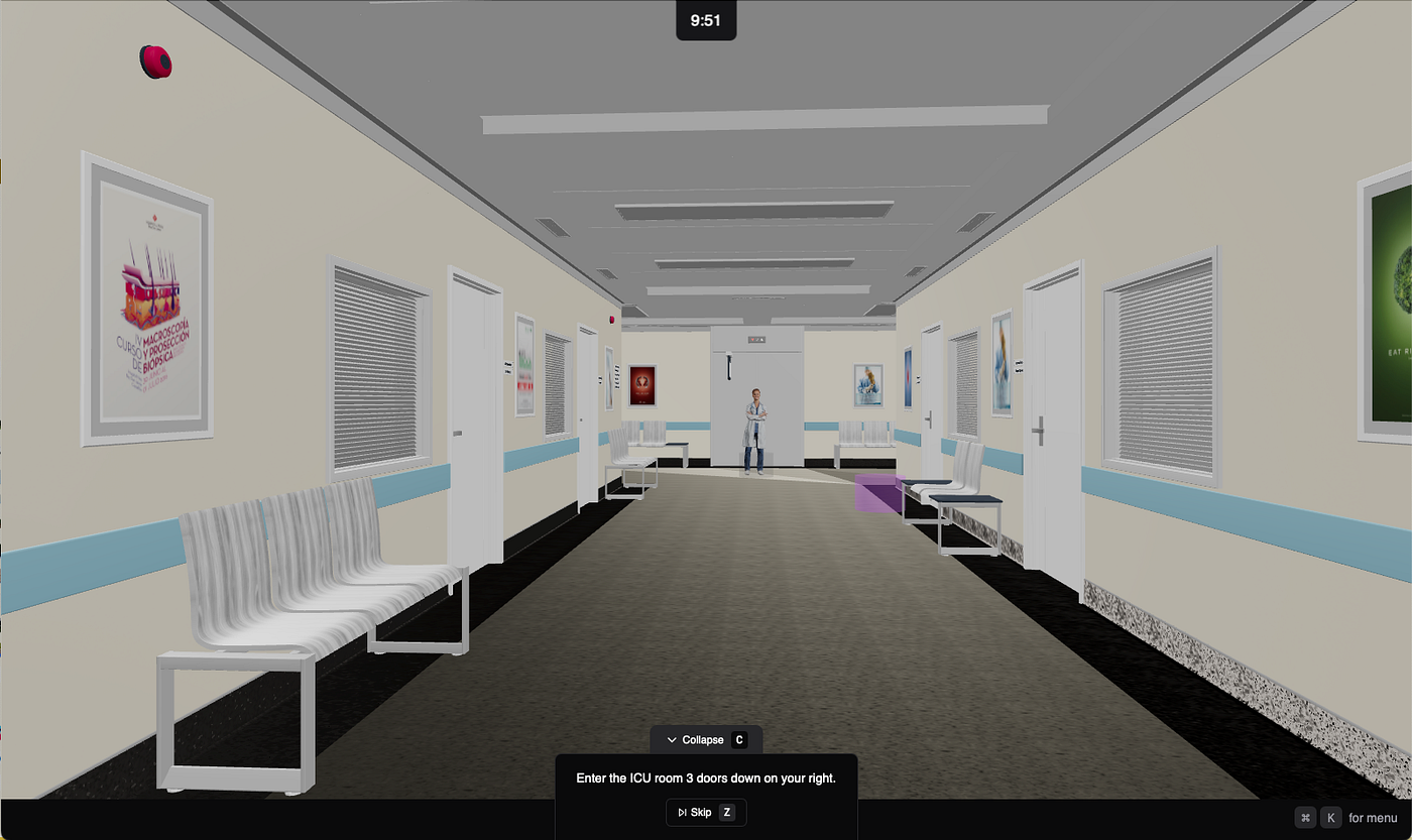 First-person view of the ICU hallway with a glowing purple marker indicating where to go next.