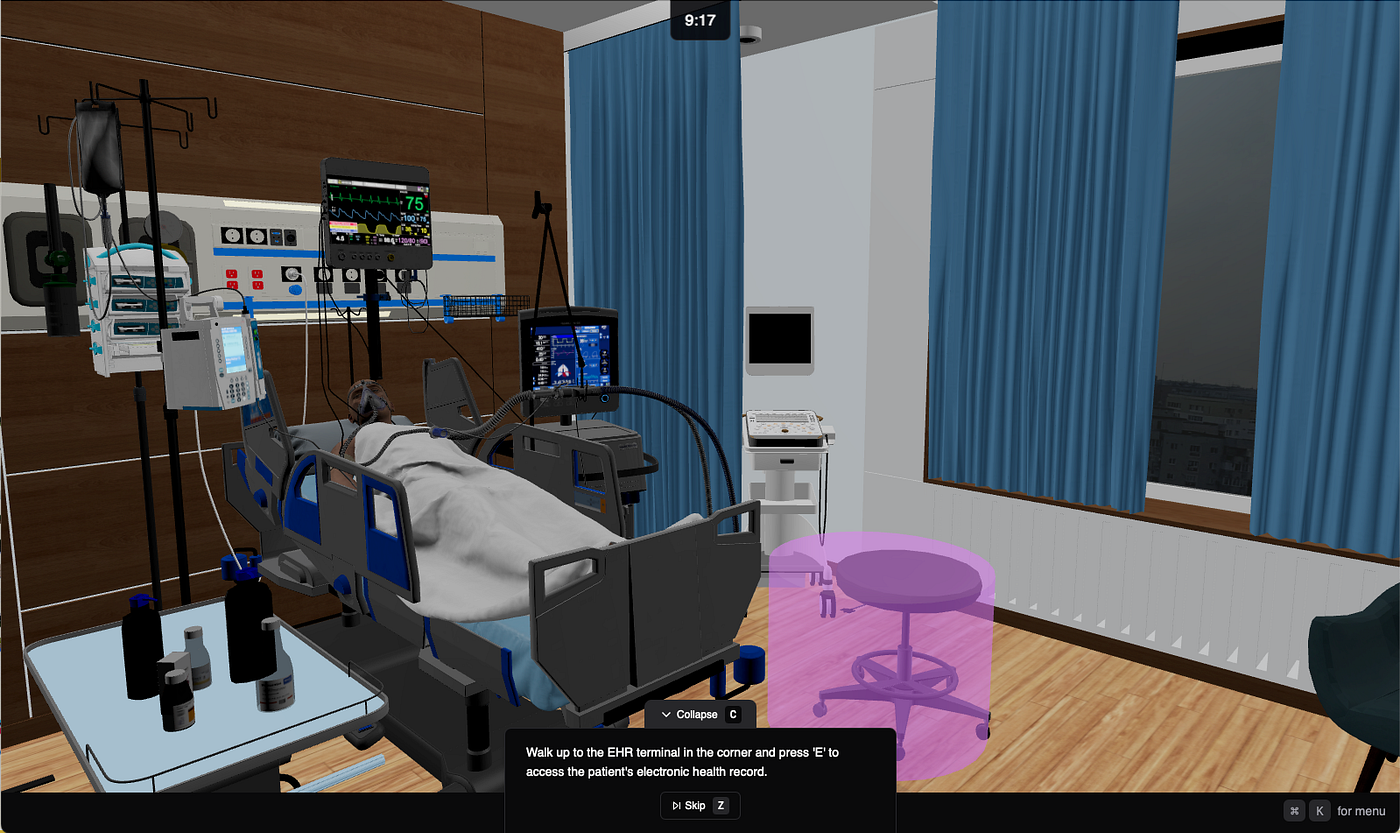 Inside the patient room: a ventilated patient, monitors, and a prompt to walk up to the EHR terminal.